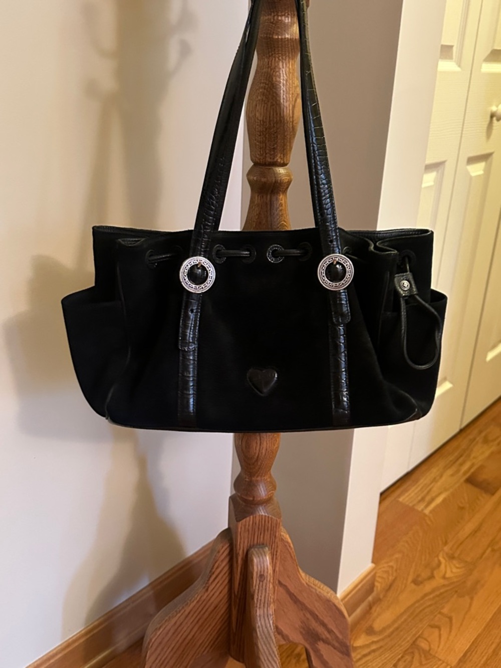 Brighton Black Suede Drawstring Closure Two Strap Shoulder Bag